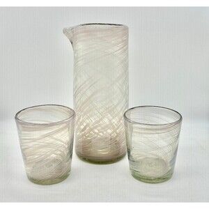 Handblown Glass Pink White Opaque Swirl Pitcher and Tumblers Glasses set